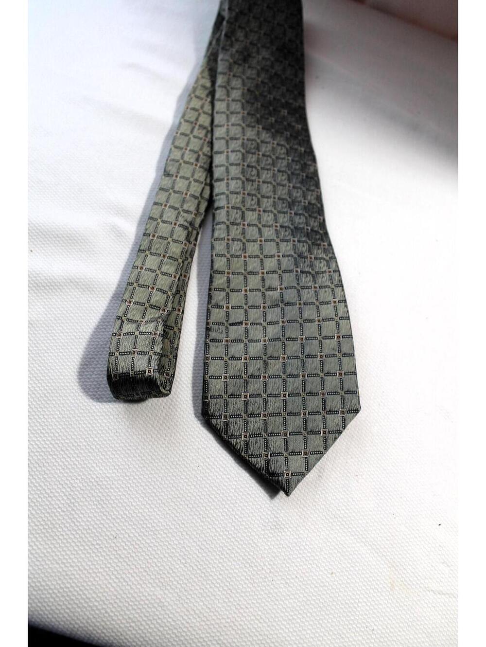 Vintage Belisi 4 X 66 Inch Silk Necktie, Sage Green Geometric, EXTRA LONG Tie